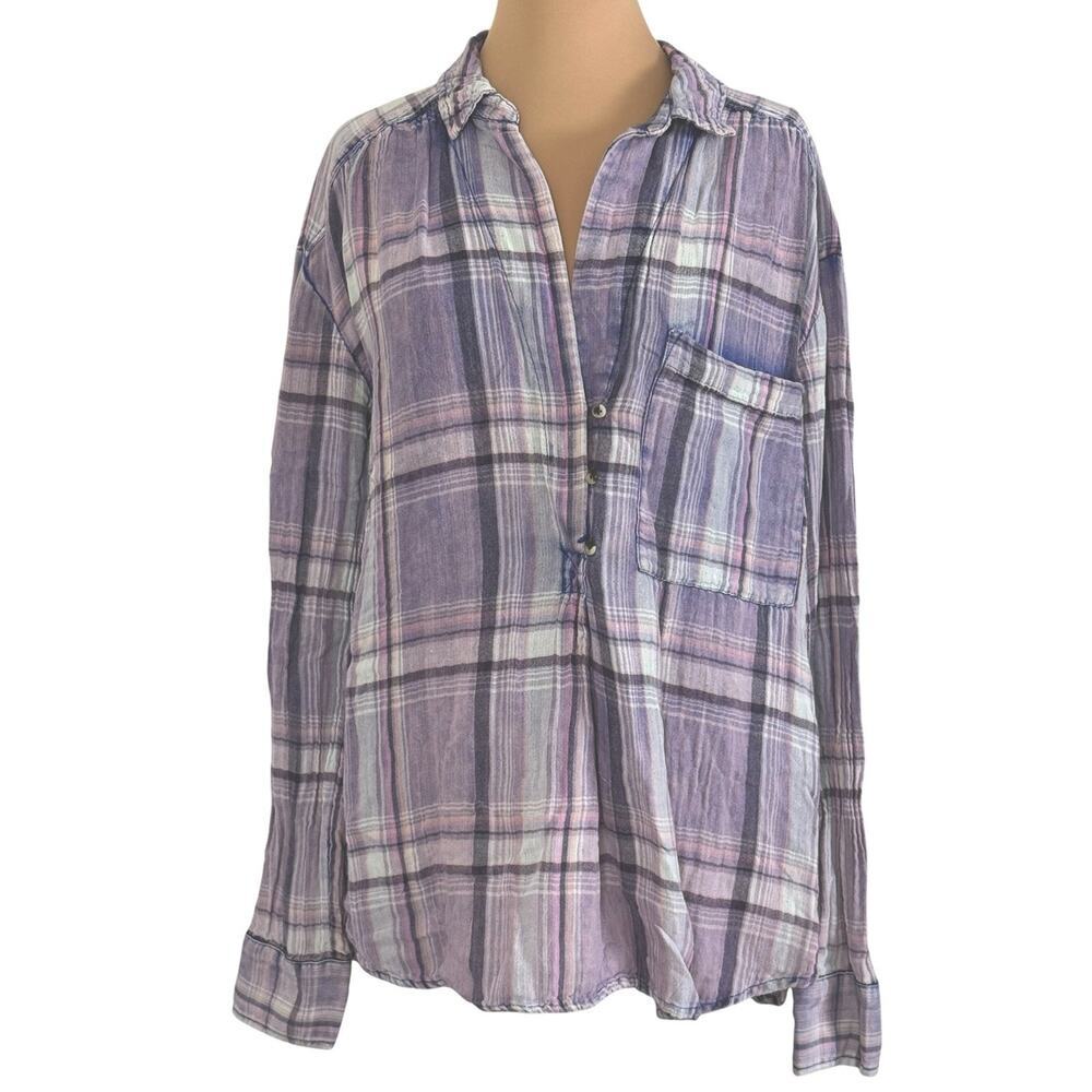FREE PEOPLE Washed Away Plaid Pullover Top Purple Flannel Asymmetrical Size L - Picture 4 of 12